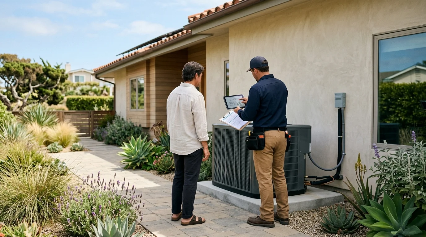 Homeowner comparing AC and heat pump options in Solana Beach