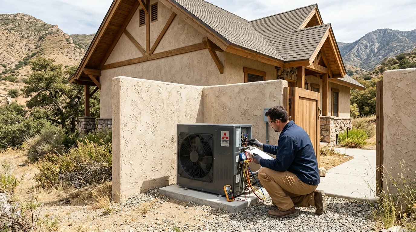 HVAC technician inspecting an outdoor heat pump at an Alpine home