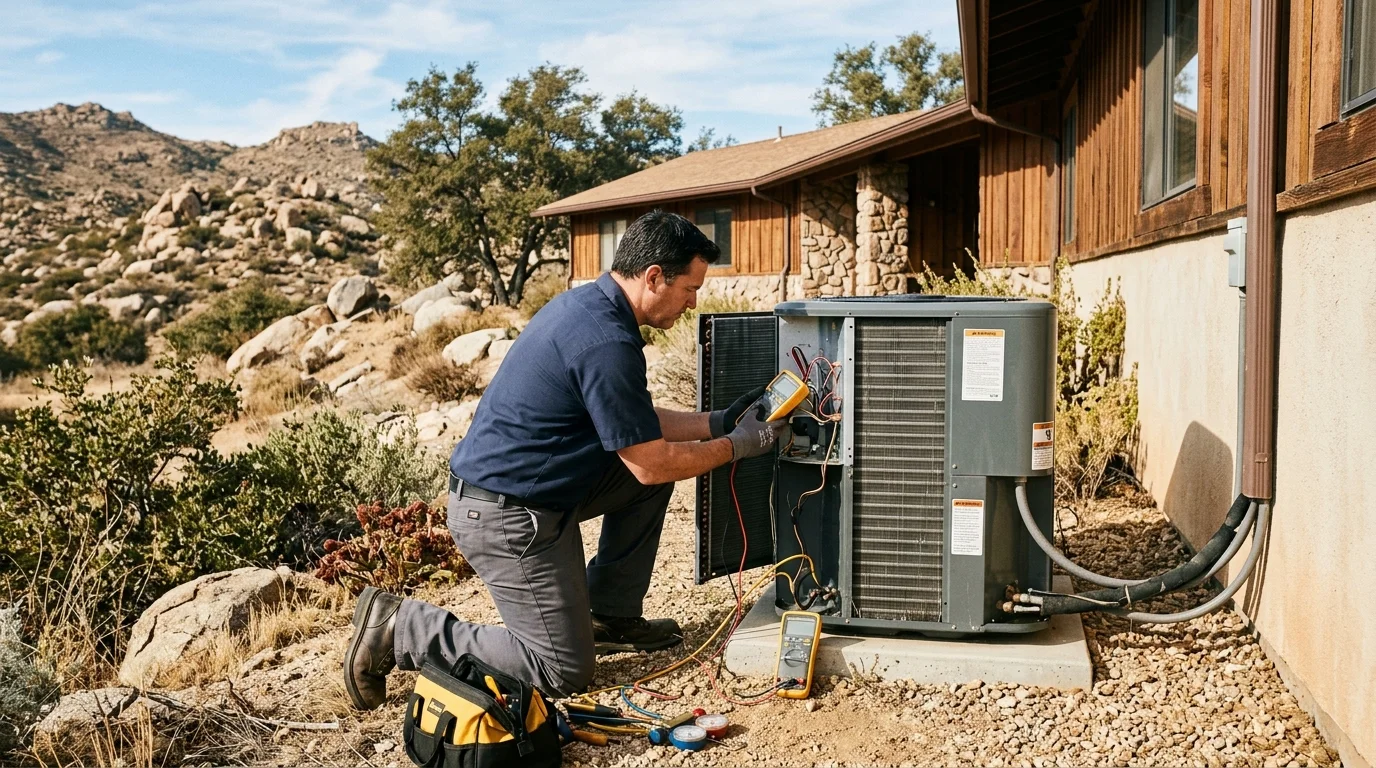 Technician inspecting an outdoor heat pump beside a Descanso home