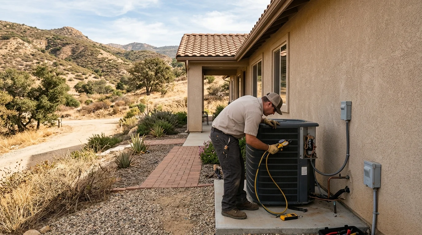 Technician inspecting an outdoor heat pump beside a Jamul home in dry East County hills