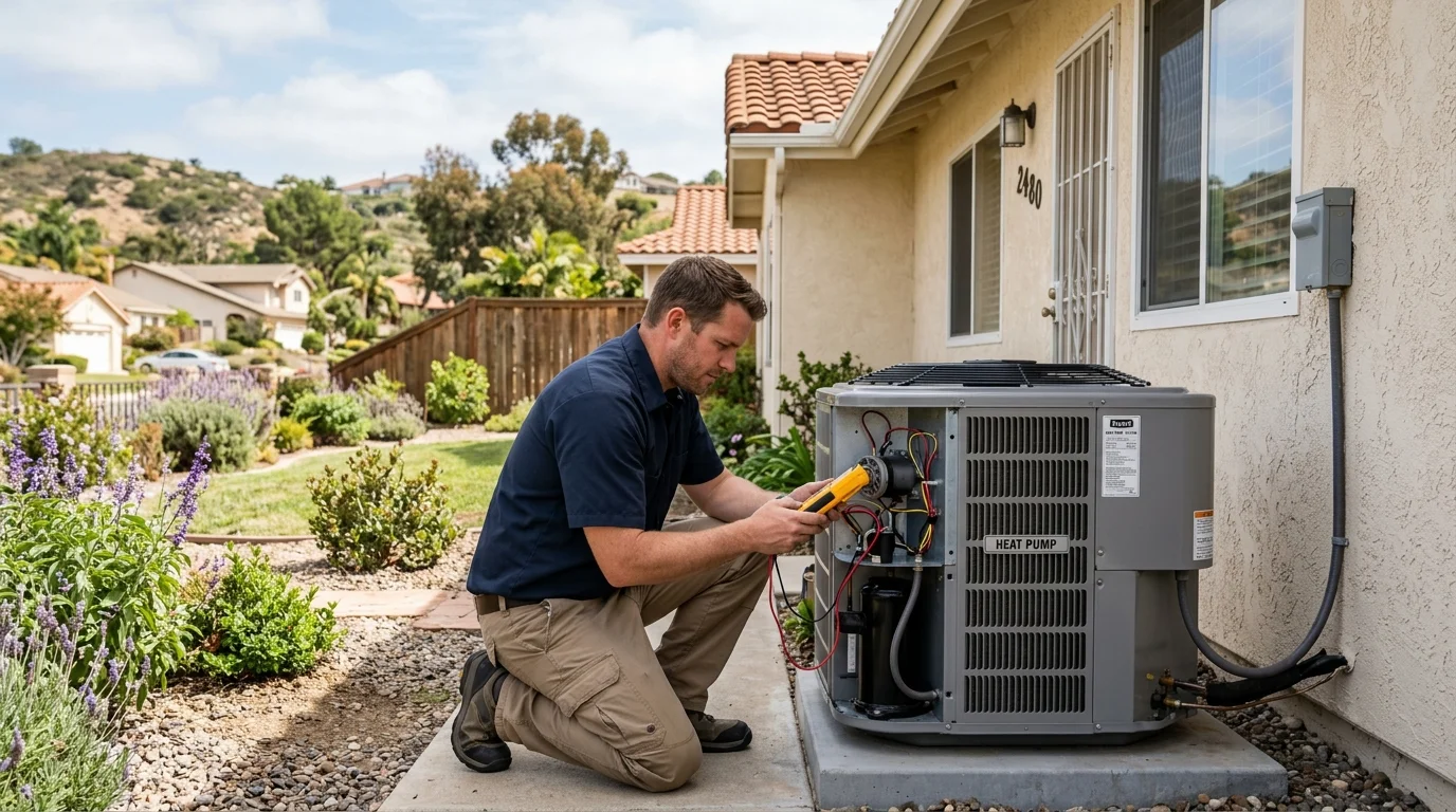 HVAC technician inspecting an outdoor heat pump beside a Rancho Peñasquitos home