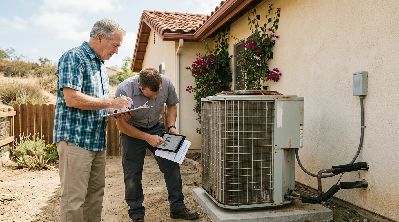 Homeowner and HVAC technician reviewing an aging outdoor AC condenser beside a Ramona house