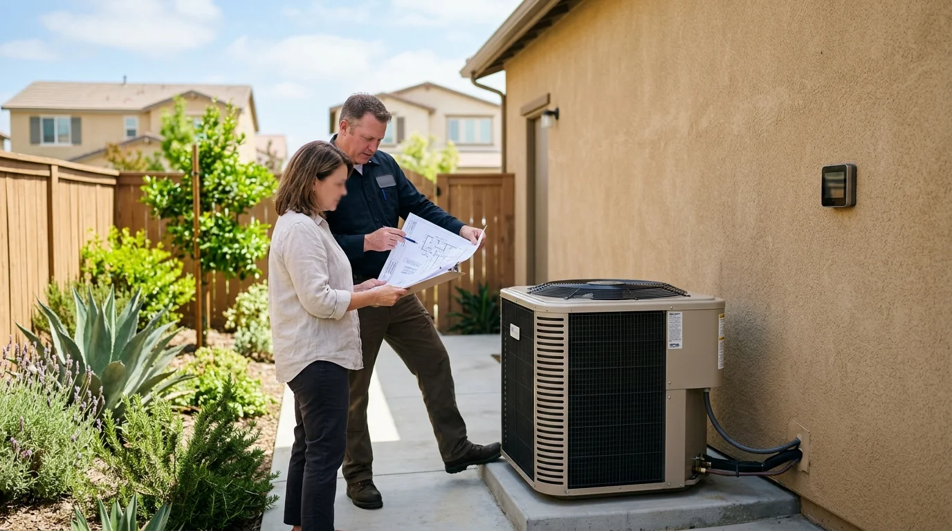 Homeowner and HVAC pro reviewing a ducted zoning plan beside a thermostat