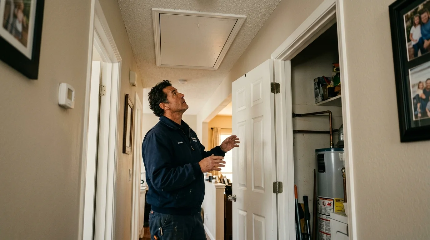 HVAC professional comparing attic access and a utility closet in an Oceanside home