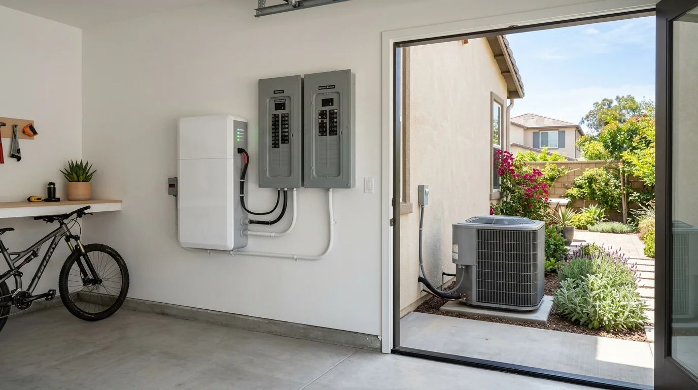 Wall-mounted home battery and electrical subpanel in a garage