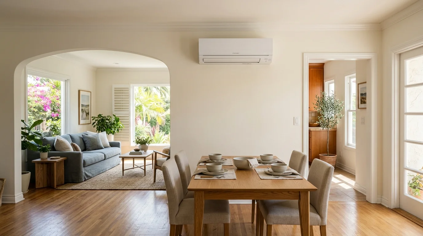 Wall-mounted mini split in an open living and dining area