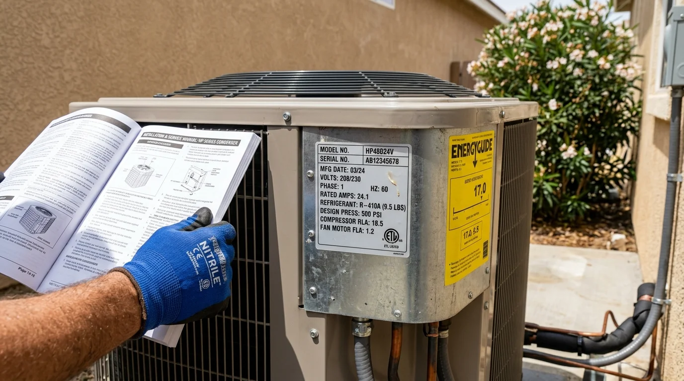 Manufacturer model and data plate label on a new outdoor heat pump condenser