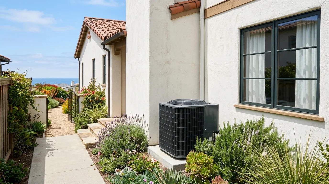 Ductless heat pump inside a bright Carlsbad living room
