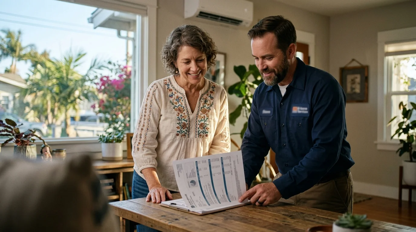 Homeowner and HVAC professional reviewing a ductless mini split proposal