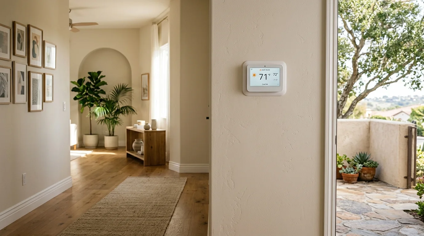 Heat-pump thermostat on a hallway wall in a San Diego home