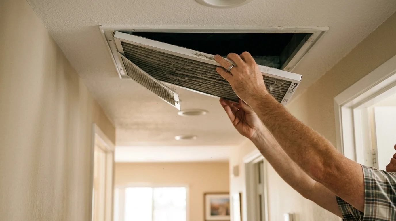Hands sliding a dusty pleated air filter out of a hallway return-air grille