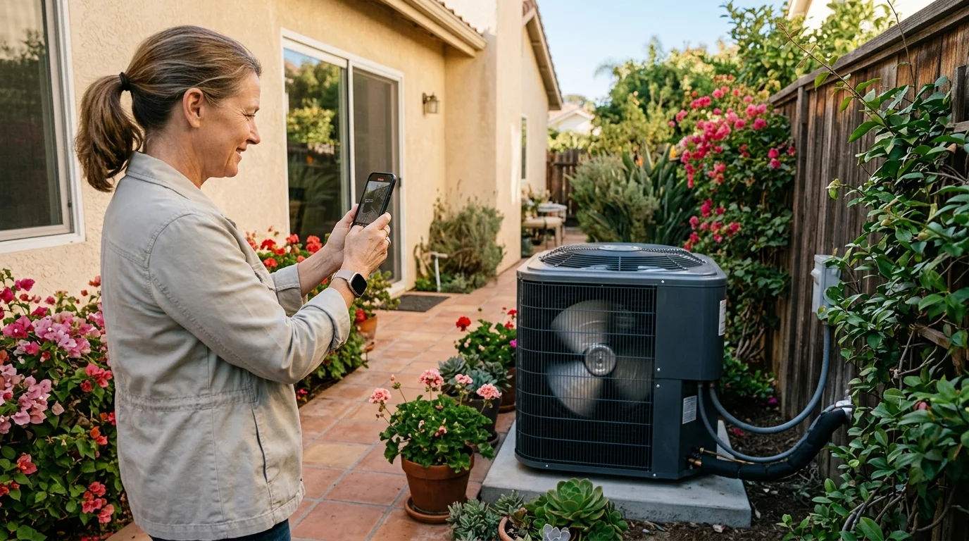 Homeowner checking a wall thermostat set to heat in a San Diego living room