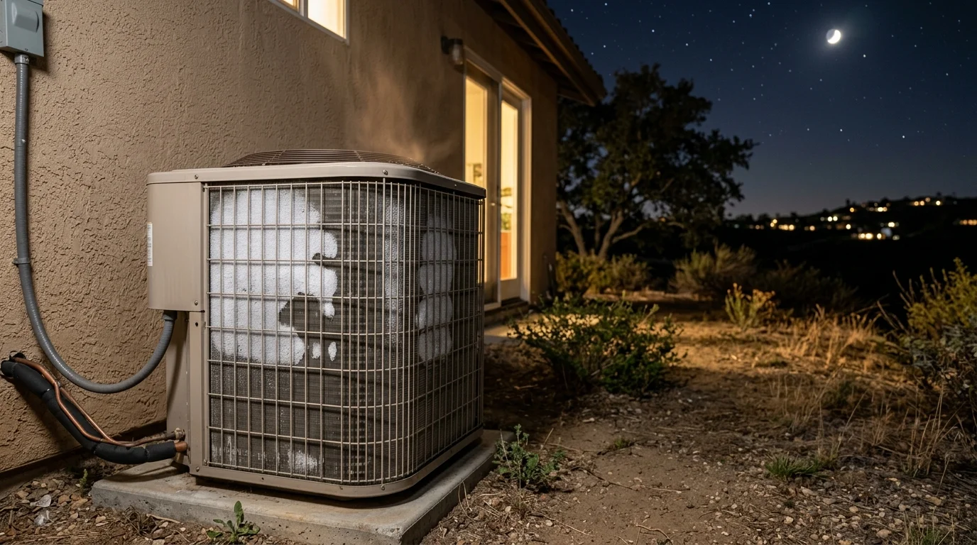 Outdoor heat pump on a clear inland San Diego night with frost starting to clear from the coil
