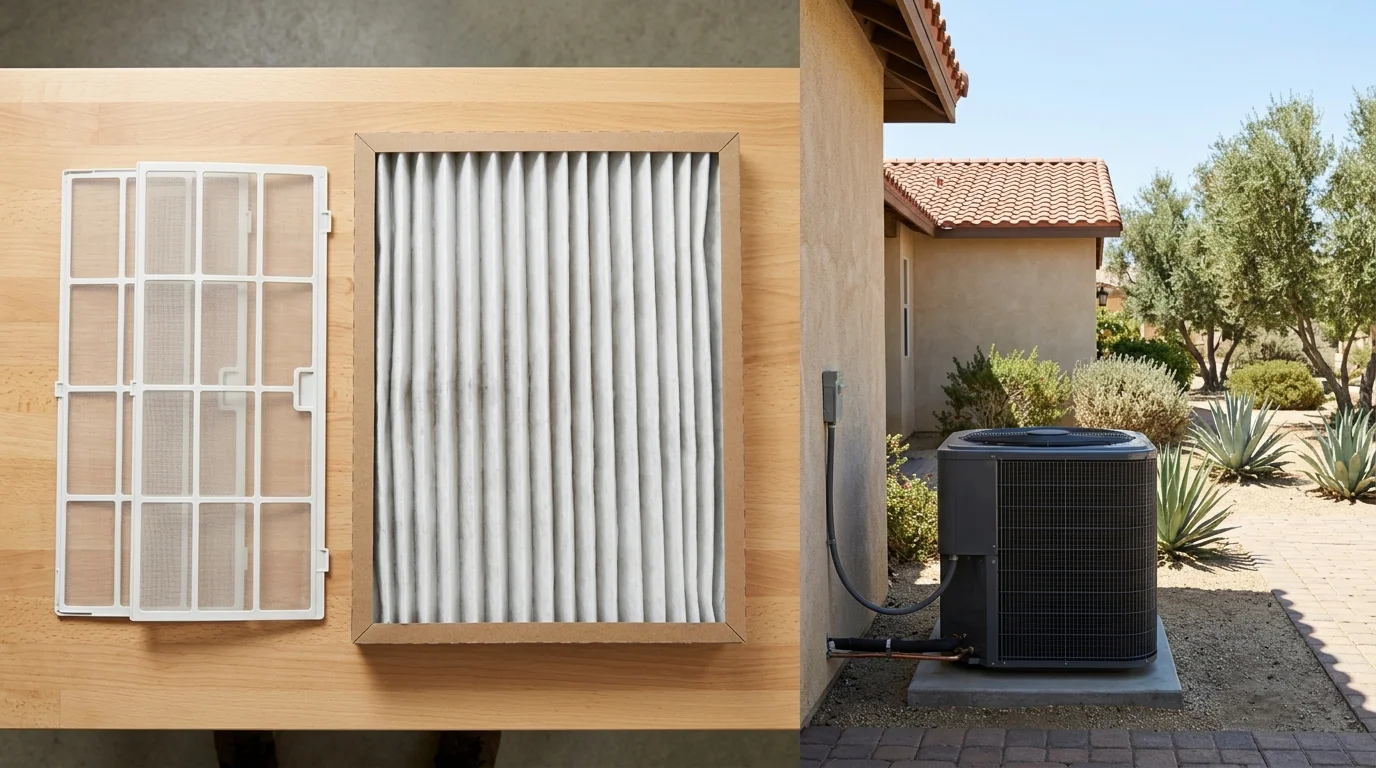 Washable mini split filters beside a disposable pleated heat pump filter