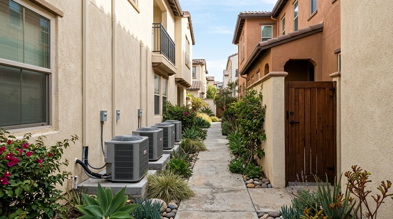 Outdoor heat pump condensers lined up along a narrow condo side yard