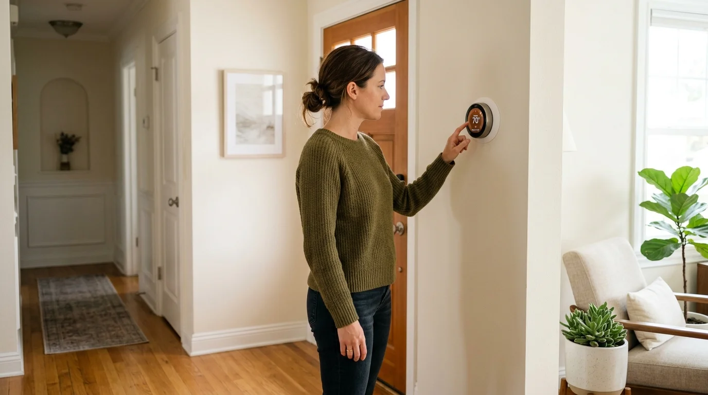 San Diego homeowner checking a thermostat before the first fall heating cycle
