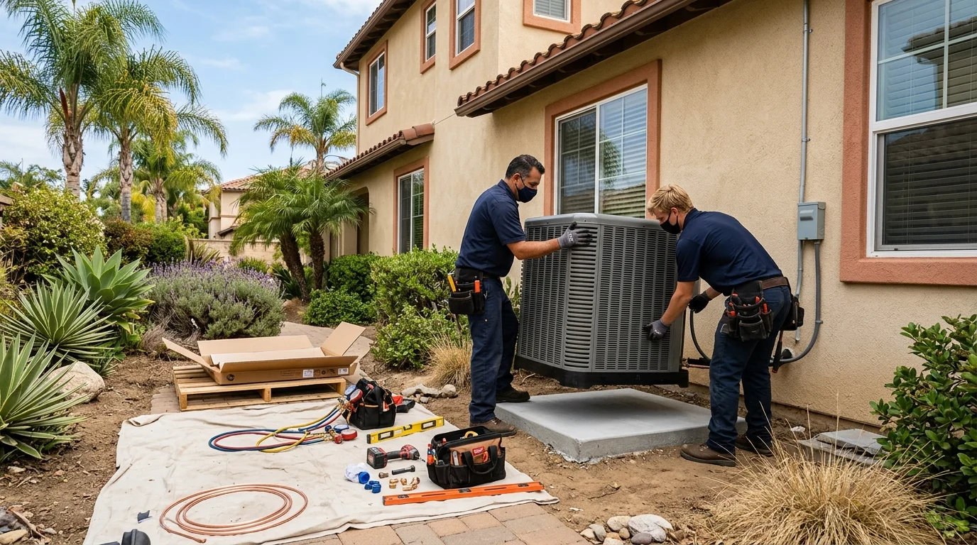 Two installers setting a new outdoor heat pump unit onto a concrete pad