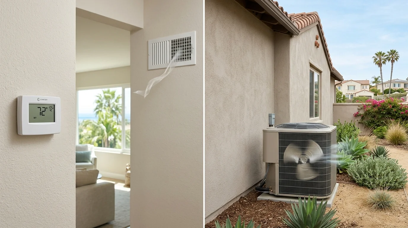 Wall thermostat at set temperature while a San Diego living room supply register still moves air