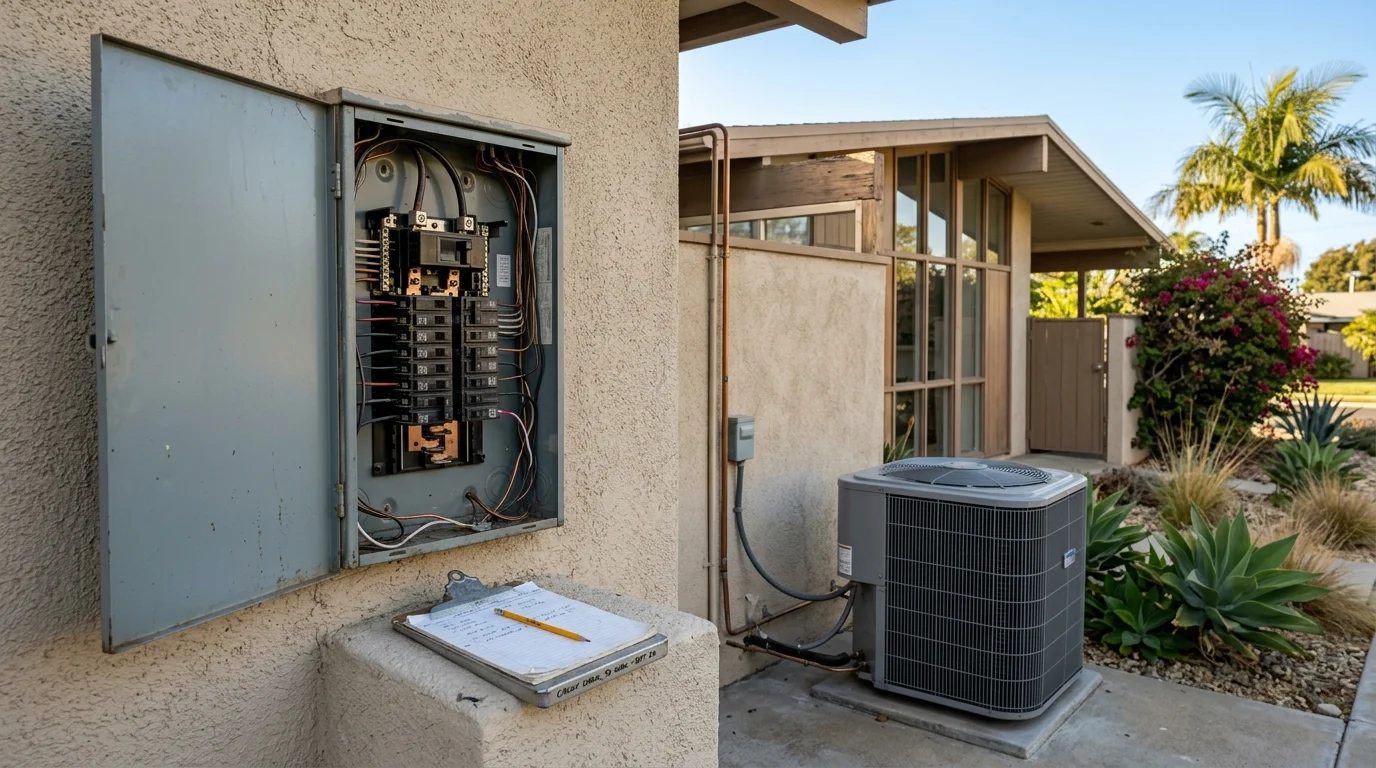 Open residential electrical panel on the exterior wall of an older San Diego home