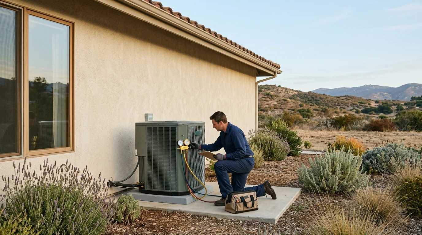 HVAC technician inspecting an outdoor heat pump beside a Bonsall home