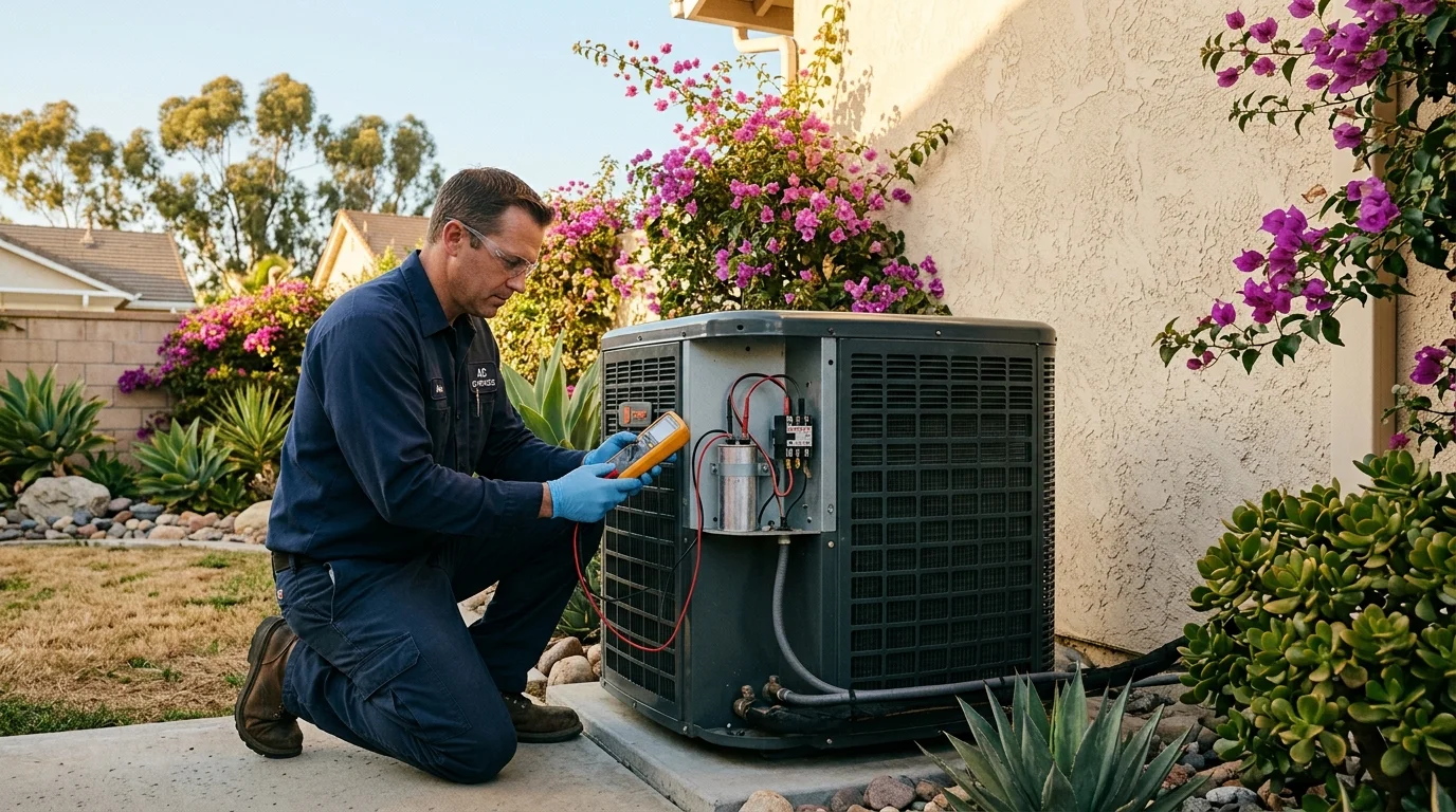 HVAC technician testing a capacitor inside an open outdoor heat pump unit