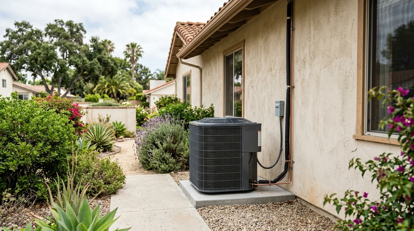 Thermostat beside a residential outdoor heat pump