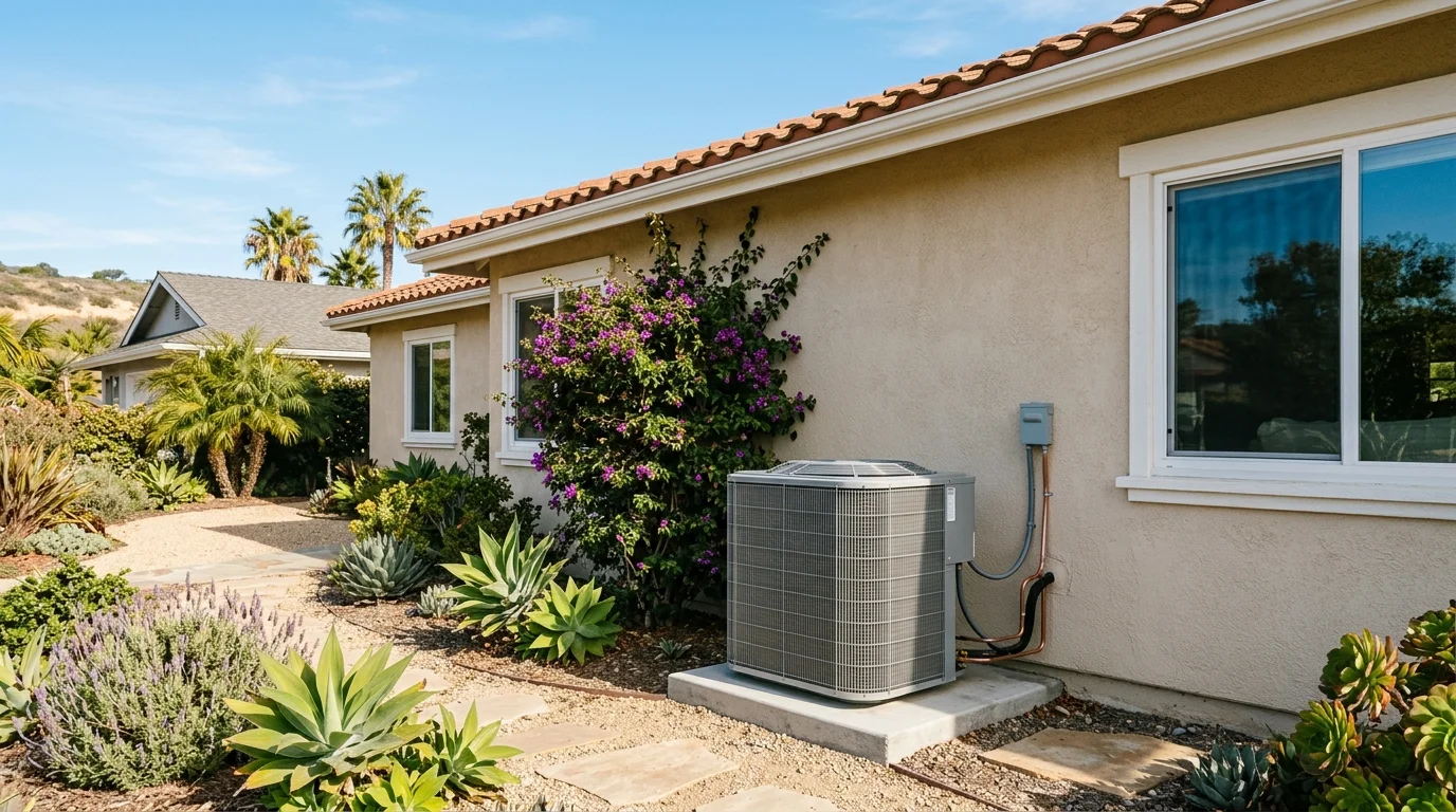 Return-air grille and thermostat in a San Diego living room