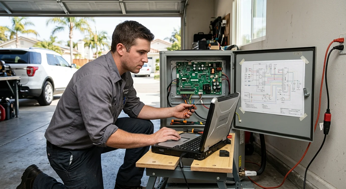 Technician using a laptop connected to an inverter heat pump control board