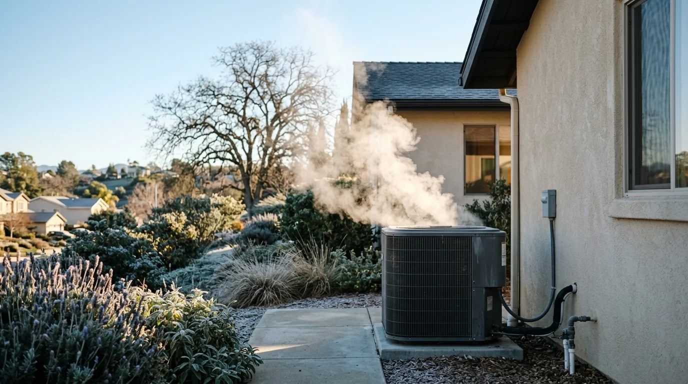 Vapor rising from a residential outdoor heat pump on a cold clear morning