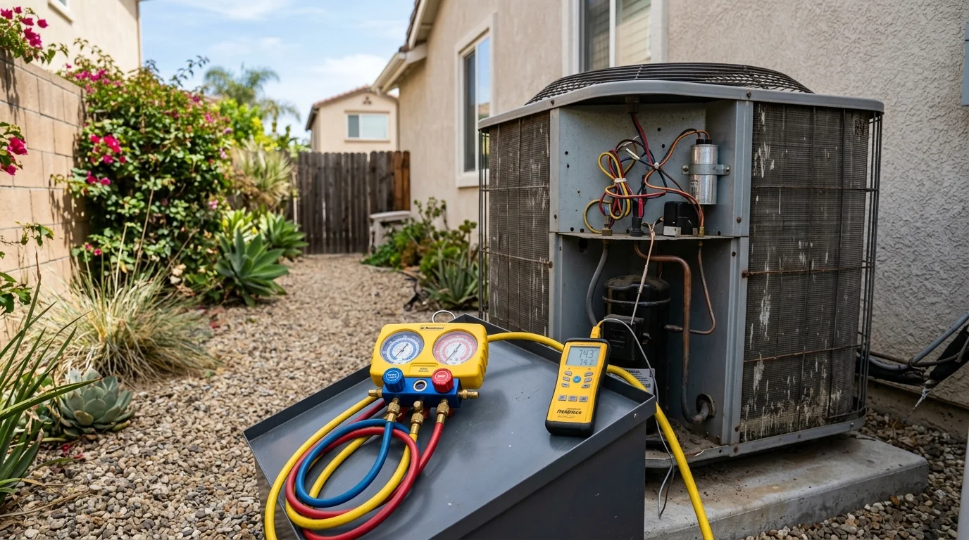 Gauge manifold and digital thermometer on the open service panel of a heat pump