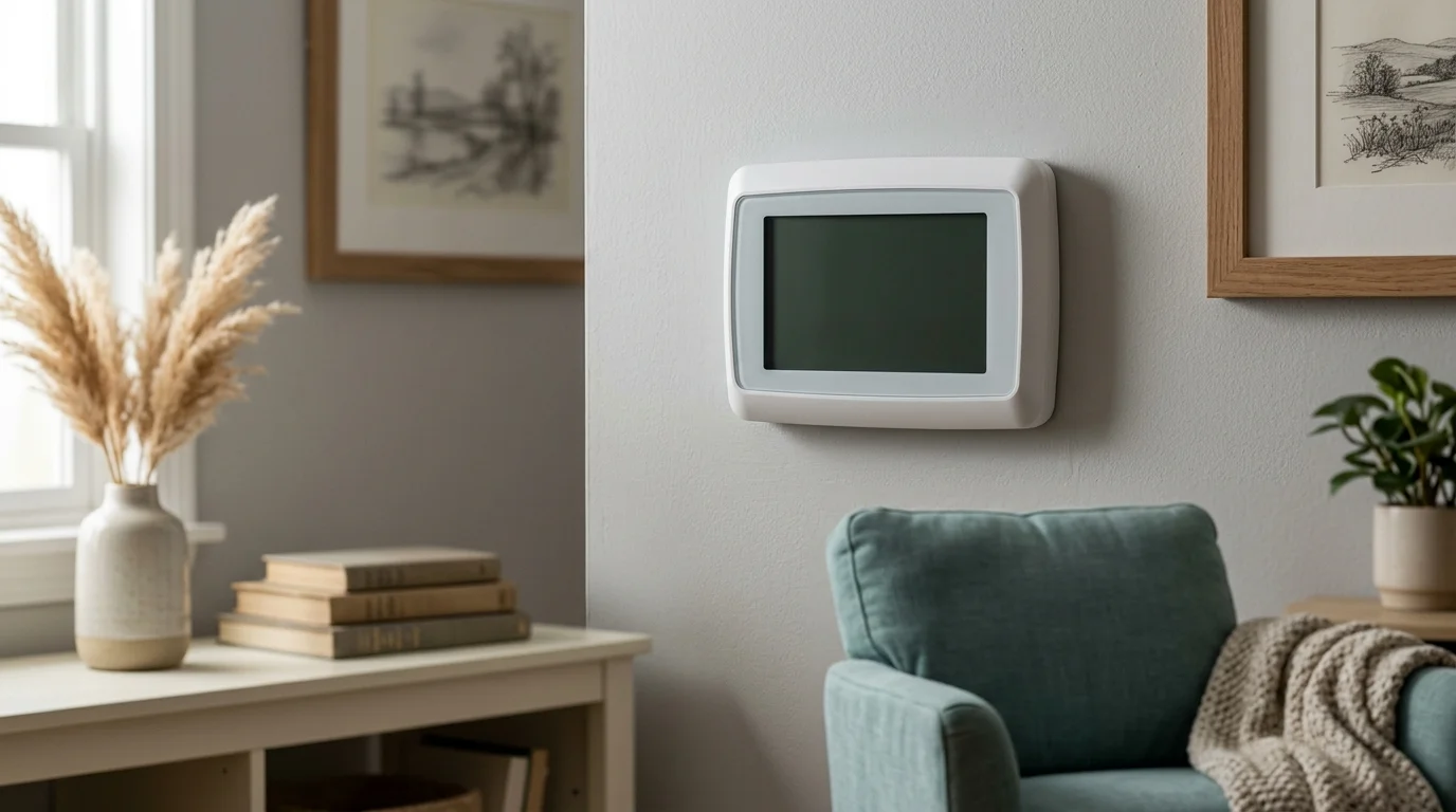 Blank wall thermostat in a San Diego home after a power outage