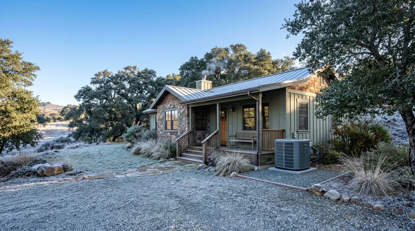 Rural home among oak trees on a frosty morning with an outdoor heat pump on a gravel pad