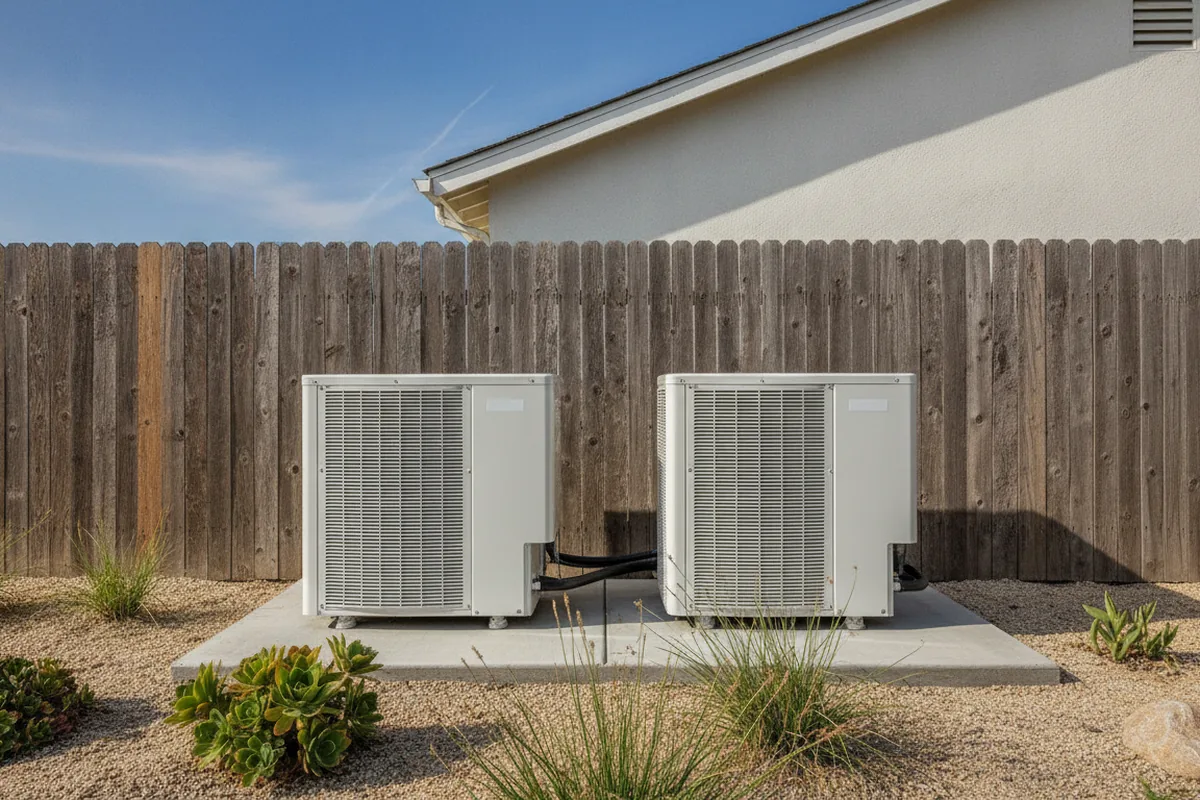 Several heat pump outdoor units lined up against a San Diego backyard fence on a sunny day