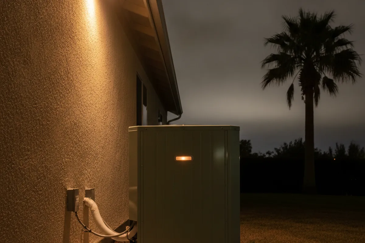 A heat pump outdoor unit operating at night in a San Diego inland neighborhood with frost visible on the grass
