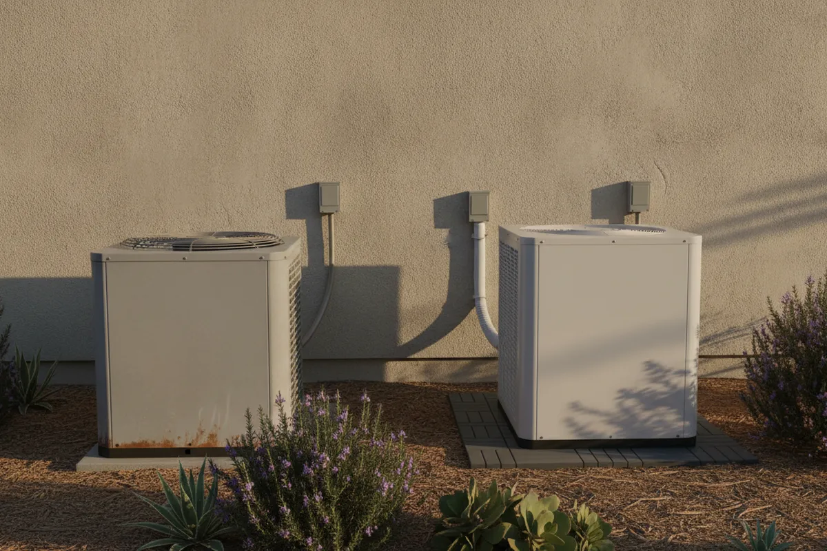An older outdoor heat pump unit in a San Diego backyard beside a newer model, showing signs of age