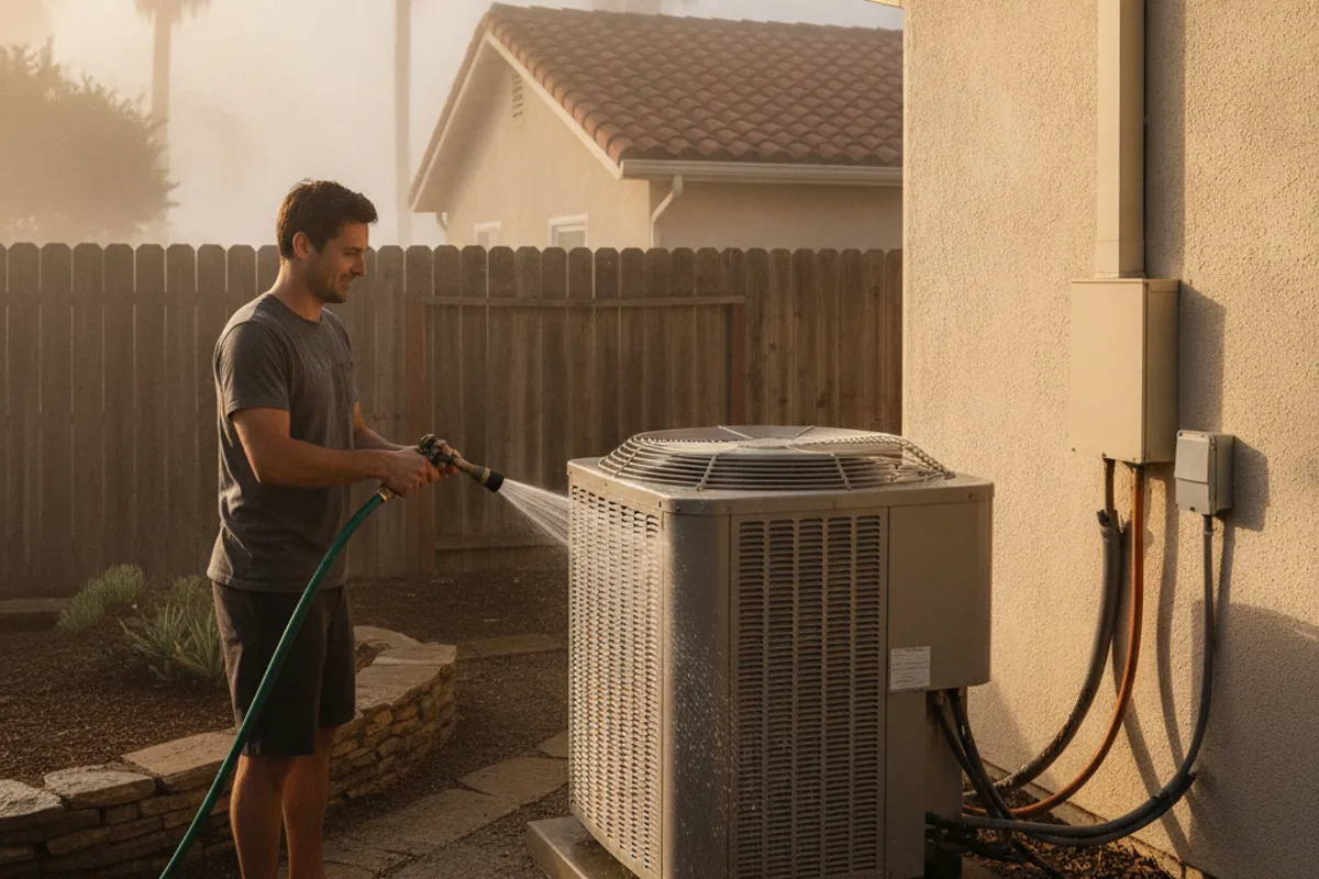 A technician cleaning the outdoor coil of a heat pump unit at a San Diego home during a maintenance visit
