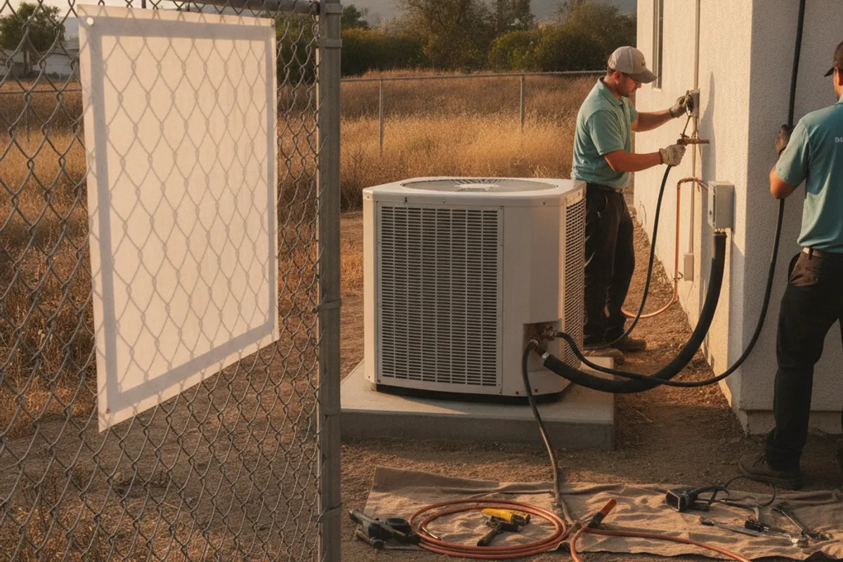 A building permit document and HVAC inspection form next to a heat pump outdoor unit at a San Diego residential property