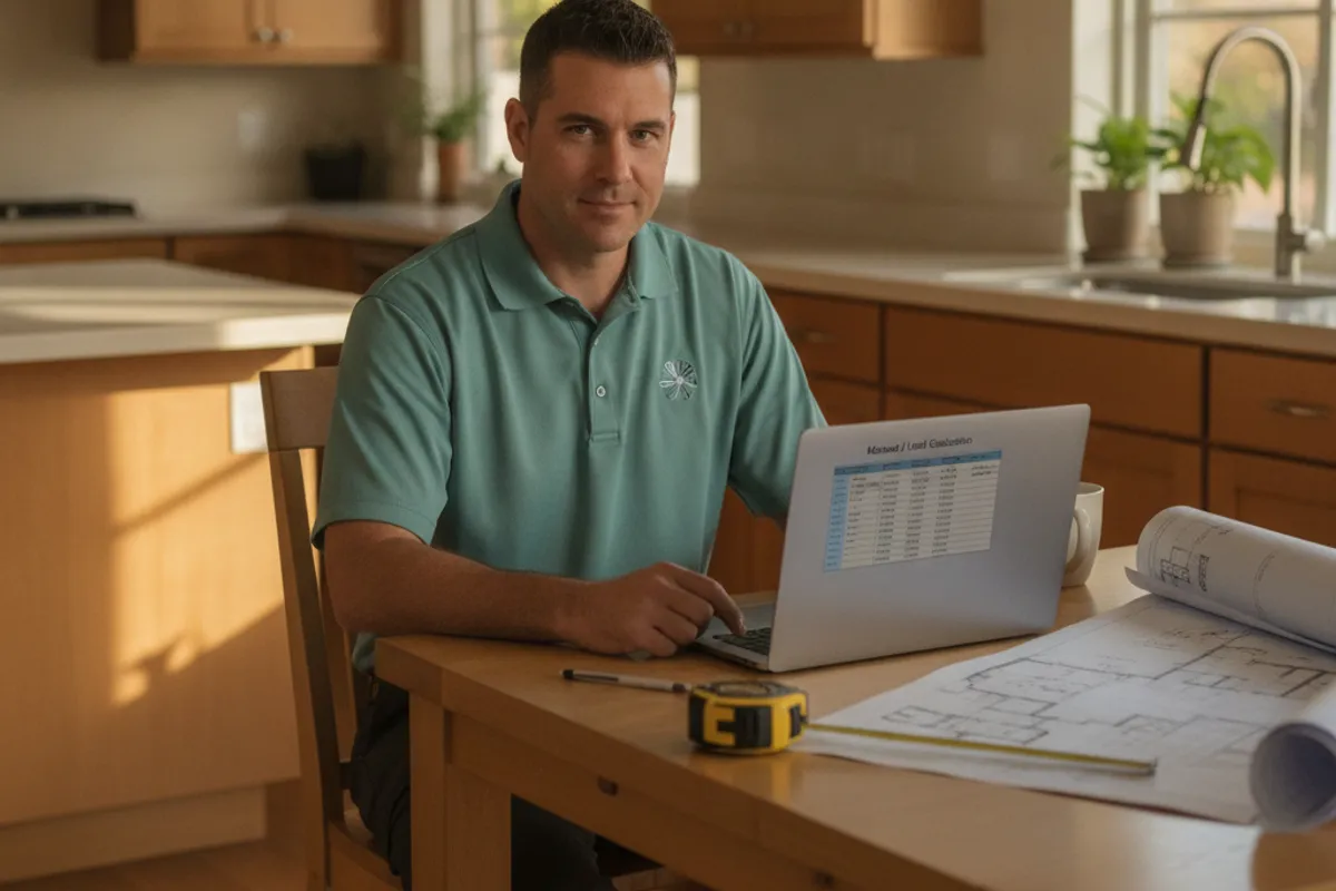 A technician performing a load calculation on a tablet inside a San Diego home with a heat pump visible through the window