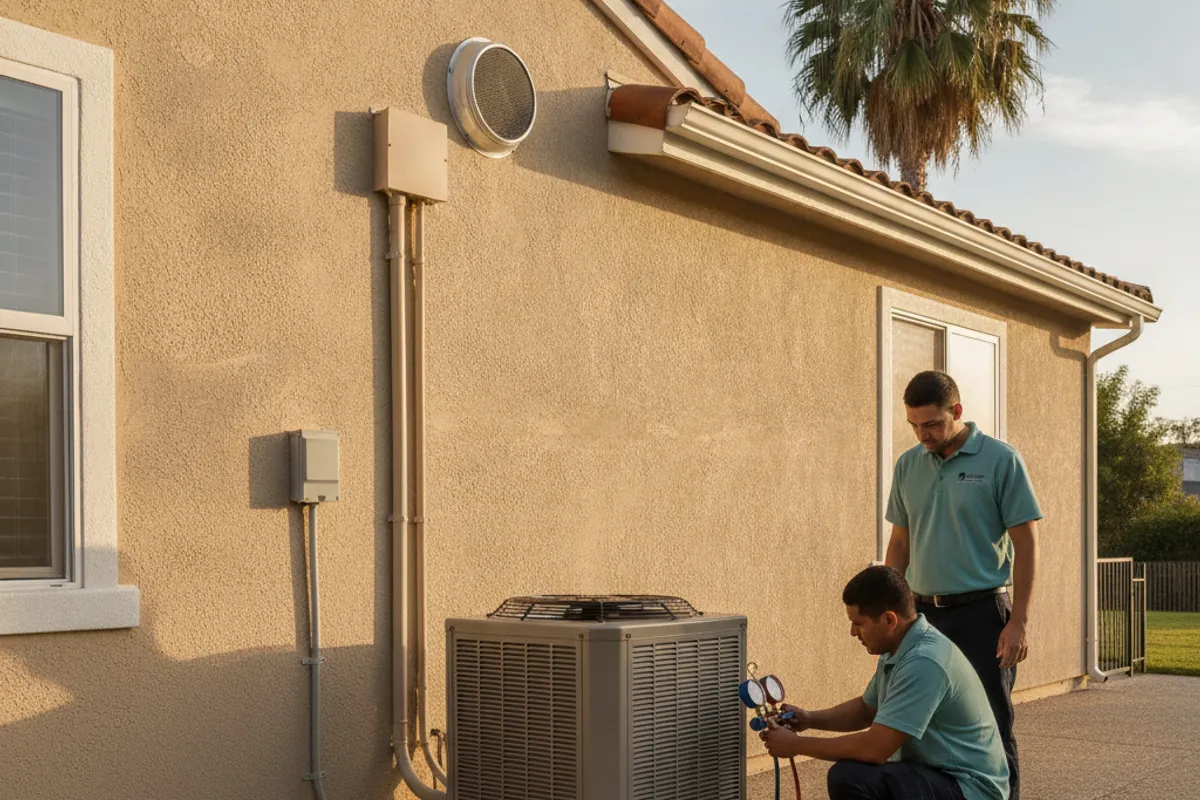 Side-by-side comparison showing a heat pump outdoor unit next to a residential gas furnace in a San Diego garage