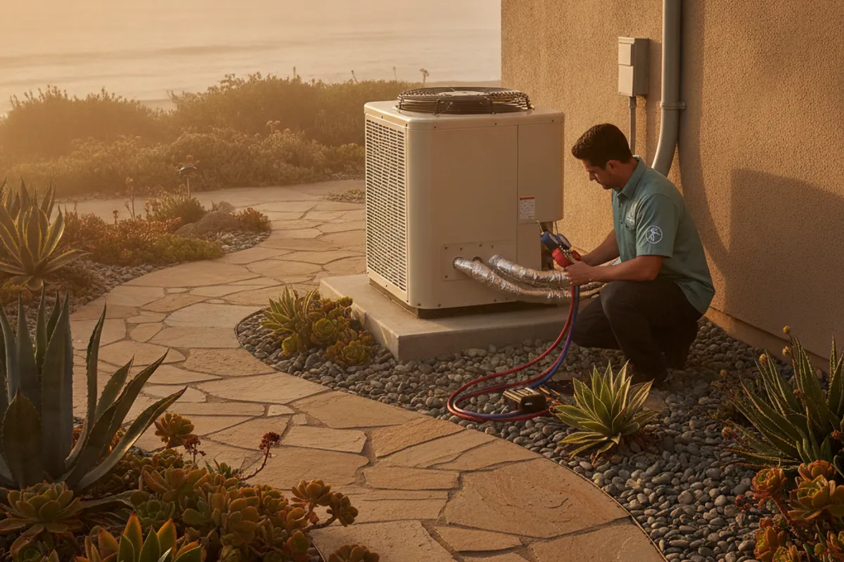 Split image showing a heat pump installation near the San Diego coast with ocean haze on the left and an inland East County neighborhood on the right