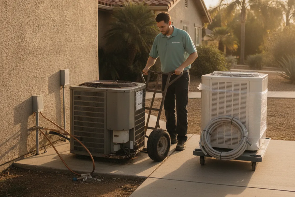 A technician removing an old central AC condenser unit in a San Diego backyard while a new heat pump unit sits ready for installation