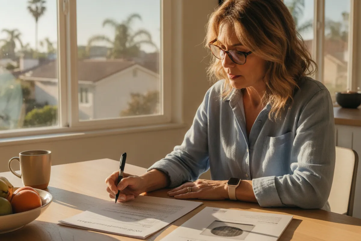 A homeowner in San Diego reviewing rebate paperwork next to a newly installed heat pump outdoor unit
