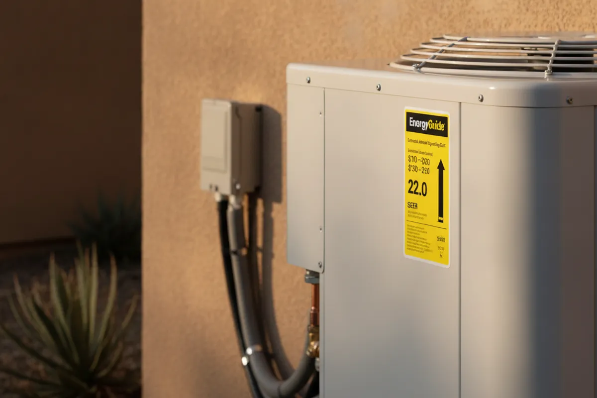 Close-up of an EnergyGuide label on a heat pump outdoor unit showing SEER2 and HSPF2 ratings