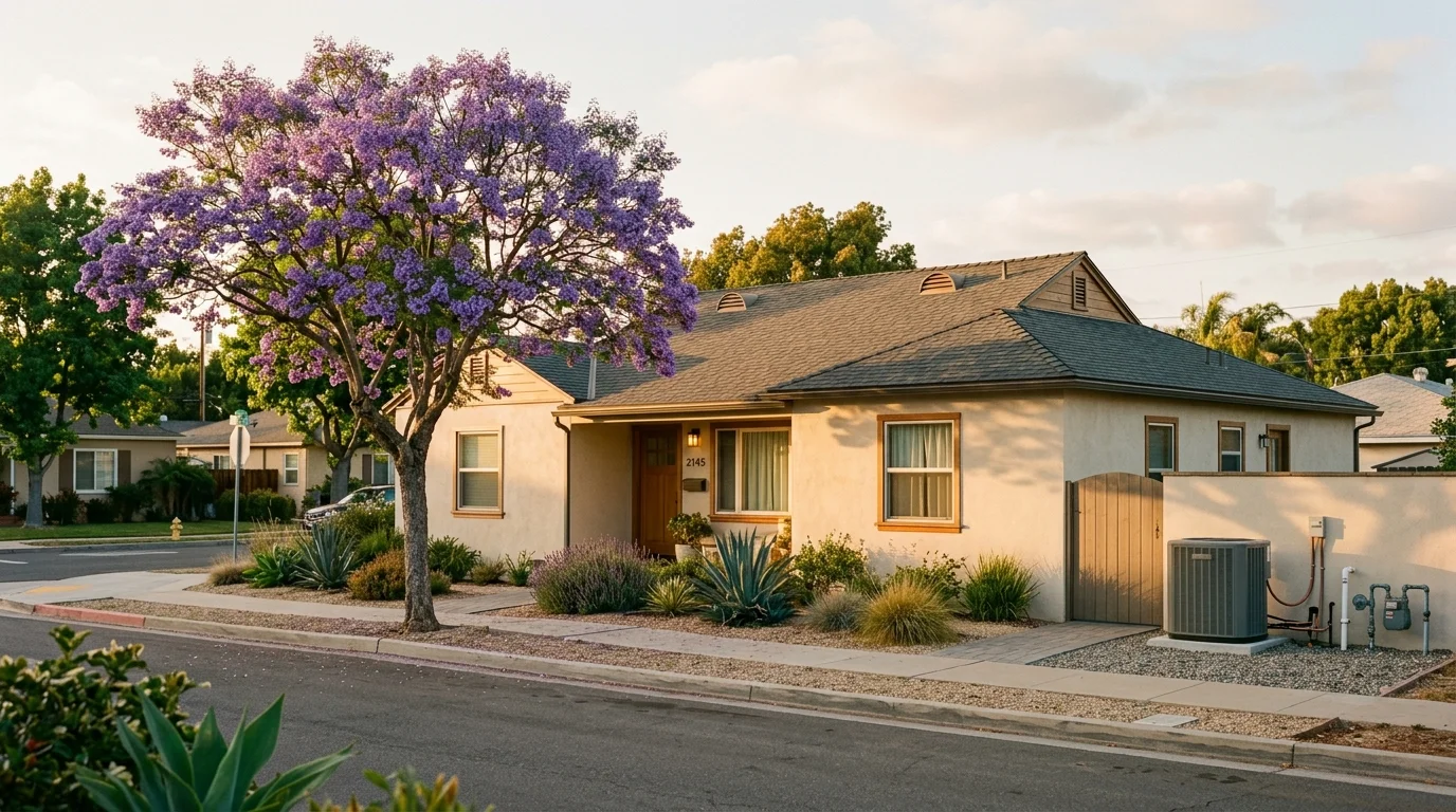 Single-story San Diego home at golden hour with attic vents and side-yard equipment visible
