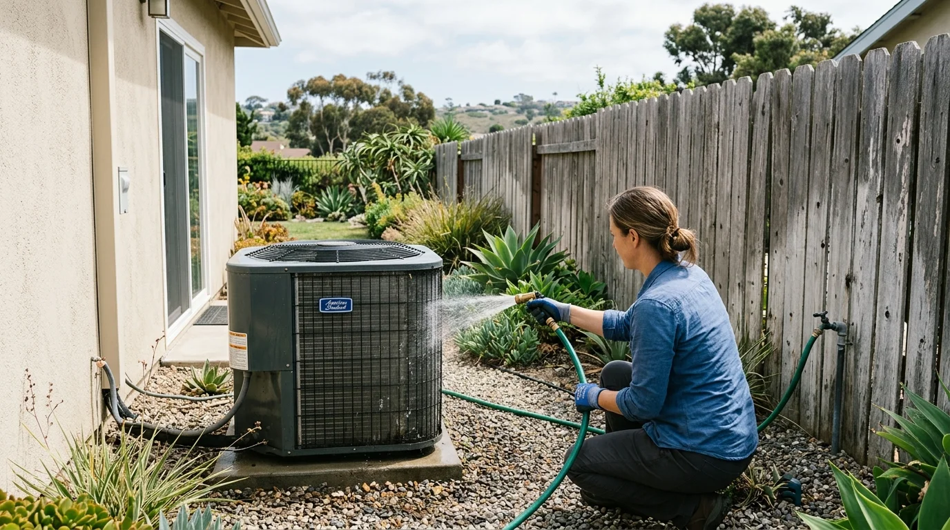 Homeowner rinsing the coil fins of an outdoor heat pump with a garden hose