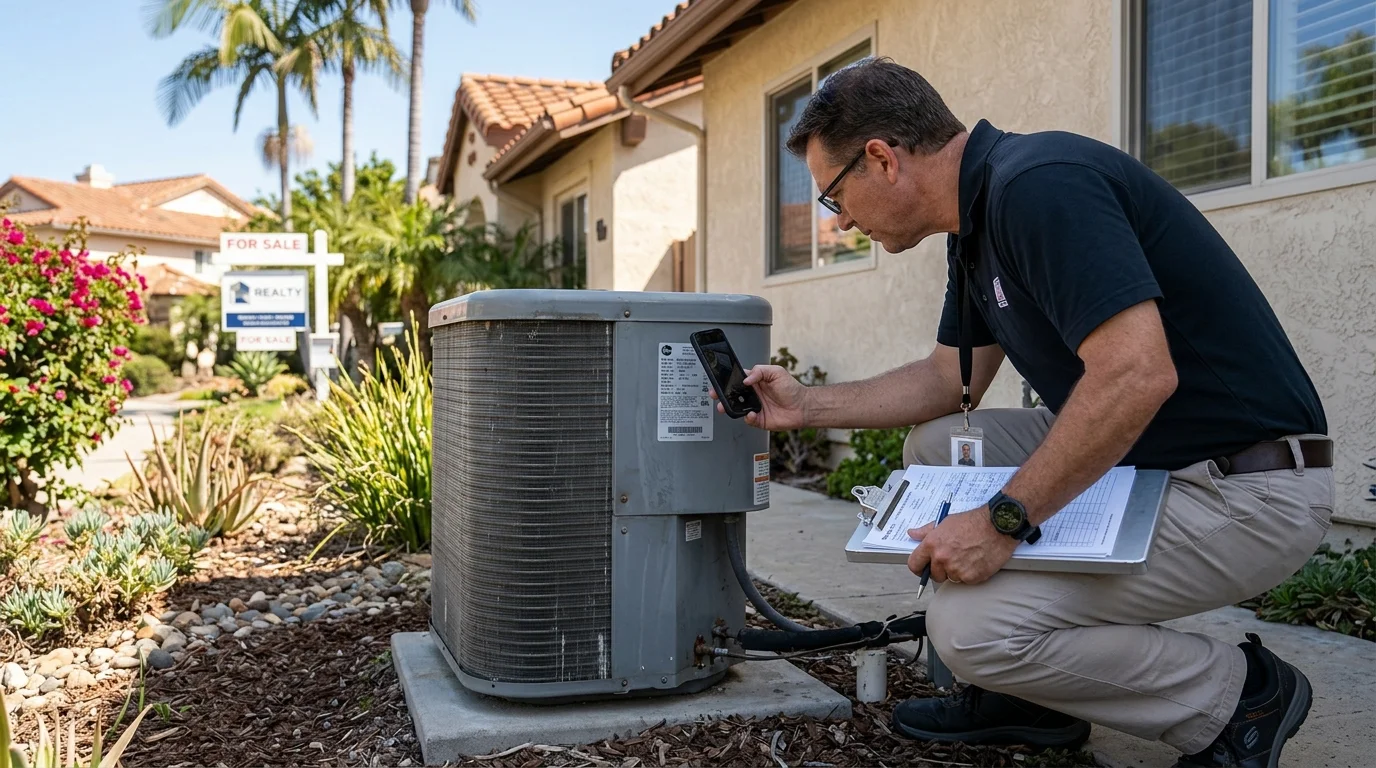 Inspector photographing the data plate on the side of an outdoor heat pump