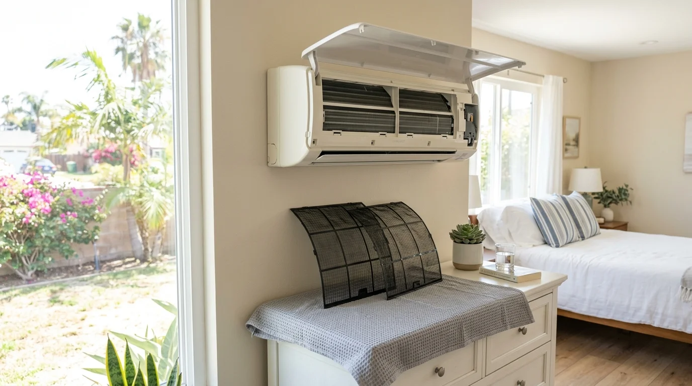 Ductless mini split indoor head opened with its mesh filters removed for cleaning