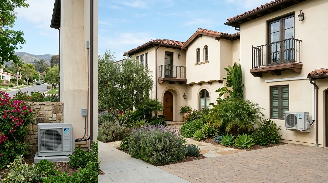 Two mini split outdoor units beside a two-story San Diego home