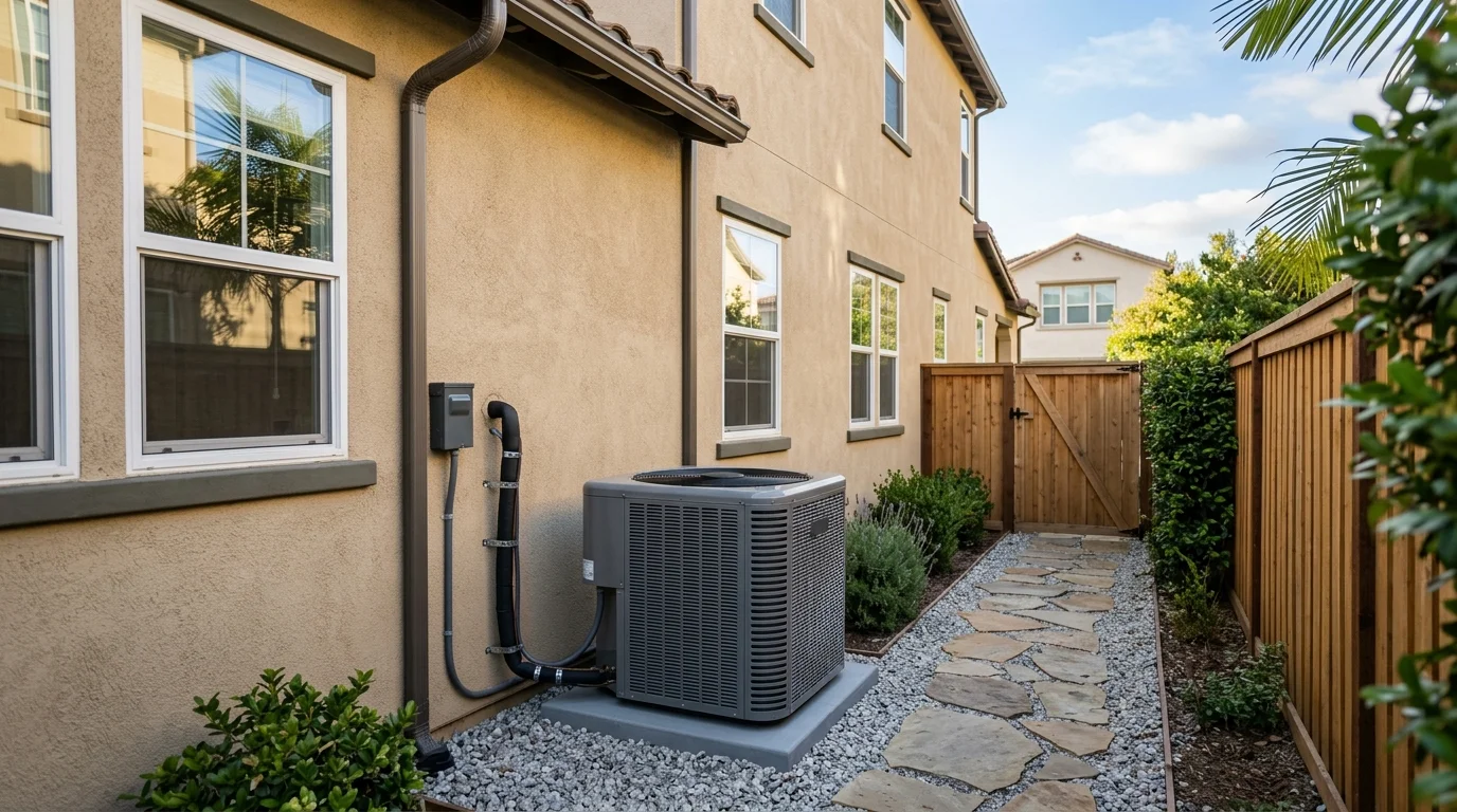 Outdoor heat pump unit beside a San Diego stucco home