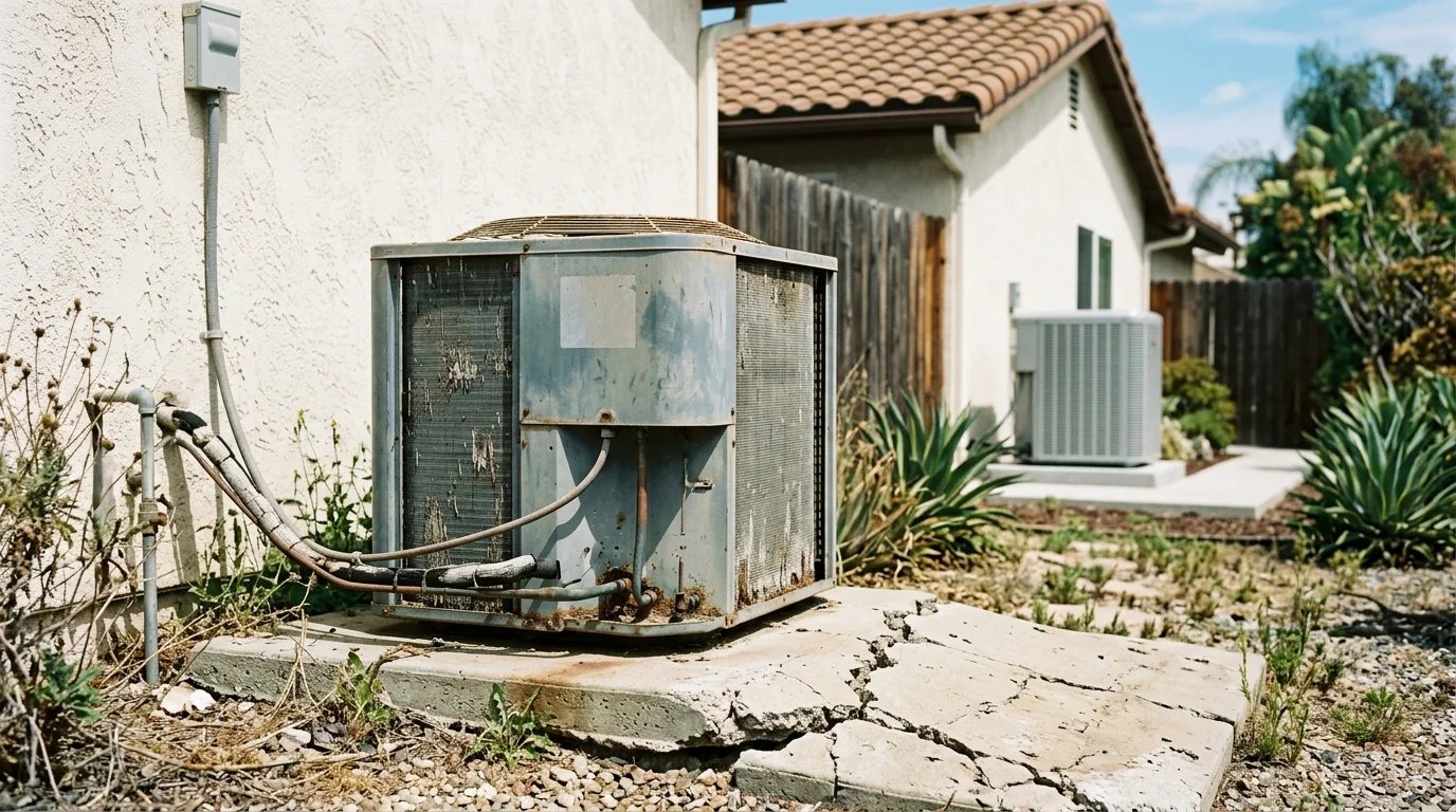 Weathered outdoor heat pump unit on a cracked concrete pad beside a house